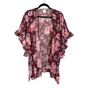 Self Esteem Cover Up Women OS Magenta Multi Floral Open Front Asymmetric Summer